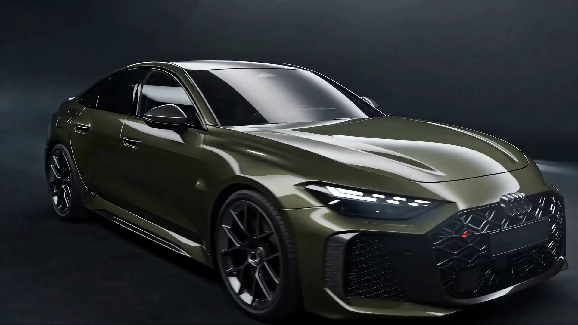 Front three-quarter view of an olive-green Audi RS5 in a dark studio, headlights on.
