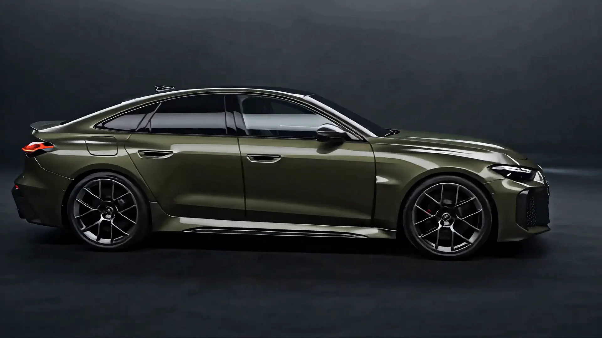 Side profile of the olive-green Audi RS5 with both dark multi-spoke wheels visible.