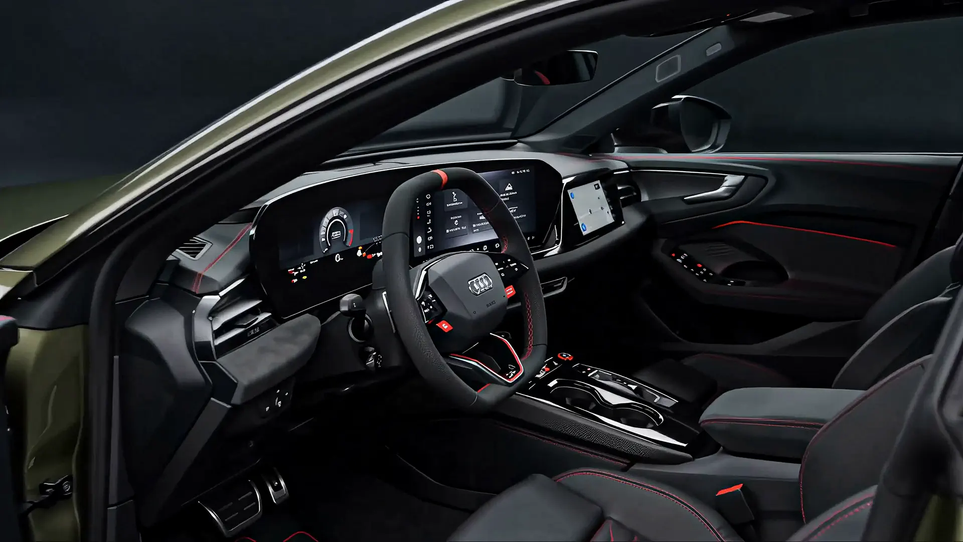 The cabin seen through the open front door: steering wheel, digital instrument cluster, centre screen and front seat with red accents.